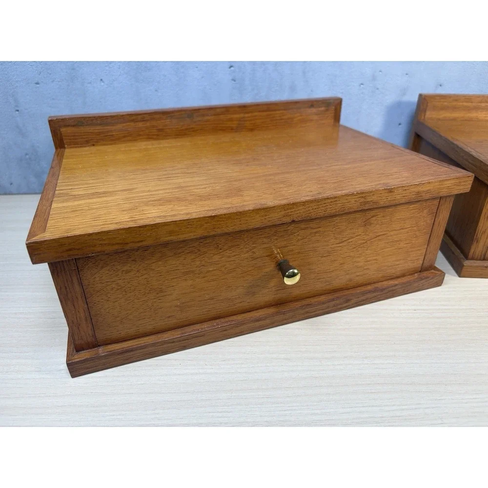 2 Vintage Scandinavian-style wooden shelf small desk organizer Brass Knob Oak
